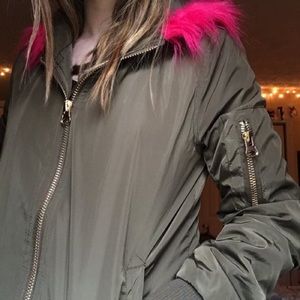 Olive green jacket with Pink fur hoodie
